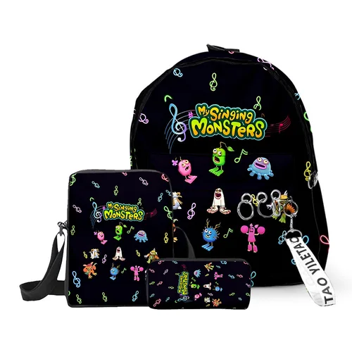 Imagen 1 del producto Dibujos animados populares mis monstruos cantantes impresión 3D 3 unids/set mochilas escolares Oxford llavero mochila bolso de hombro inclinado estuche para lápices