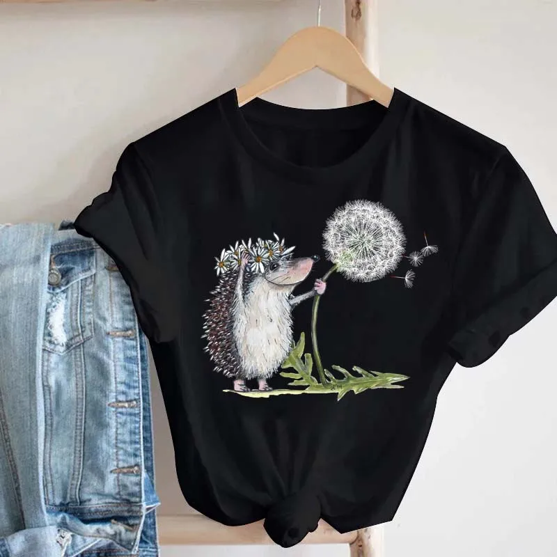 Pink Women Tshirts Casual Cute Cartoon Hedgehog Floral Graphic Print Female Tee Tops Harajuku Fashion Short Sleeve T Shirt Femme