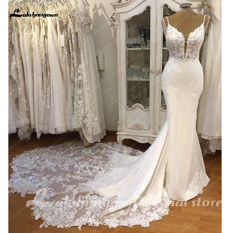 Lakshmigown Robes Satin Spaghetti Straps Wedding Dress Customized Robe Princesse Mermaid Bridal Dress Lace Wedding Gowns