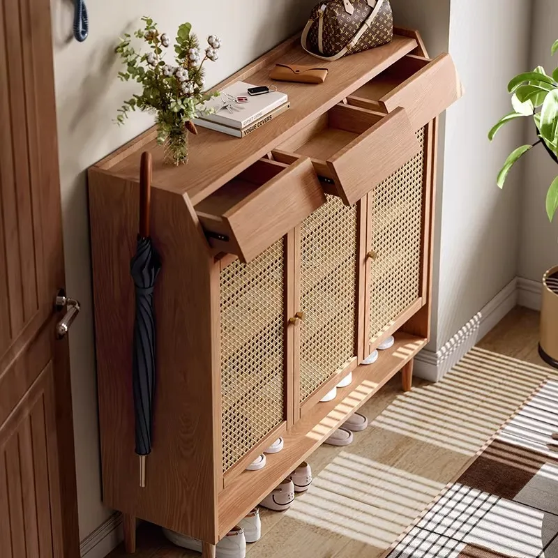 Integrated solid wood rattan door large capacity multi-layer oversized locker shoe storage cabinet