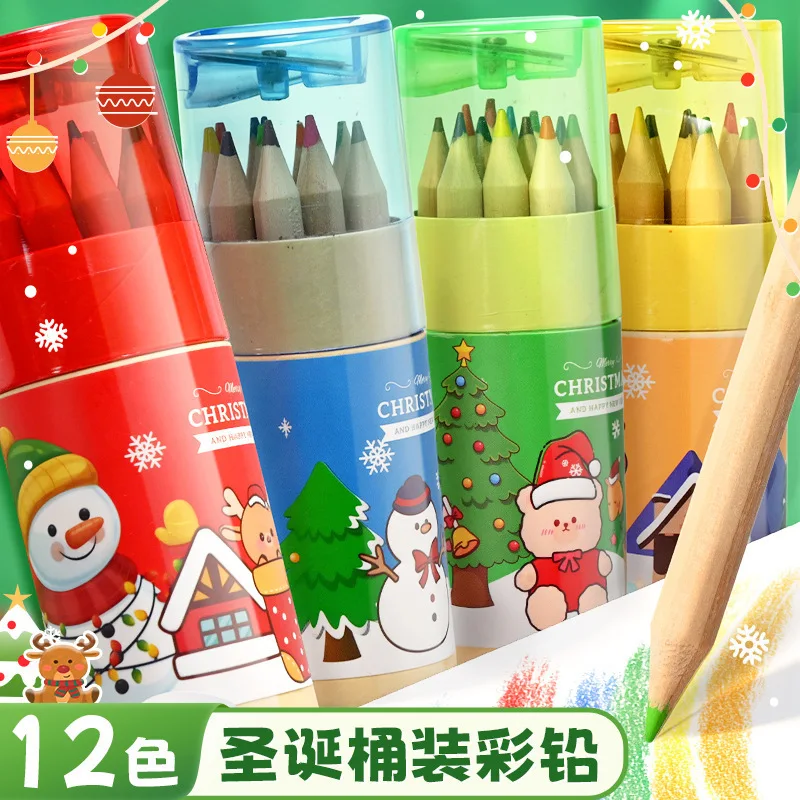 크리스마스 12색 색연필, 지우개, 펜 세트, 어린이 그림 및 낙서용 단일통 세트 - 오리지널 리드