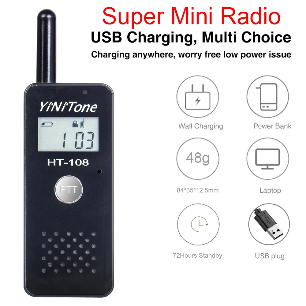 Mini walkie-talkie portátil HT-108, recargable con auricular, batería de litio de gran capacidad, pequeño y ligero