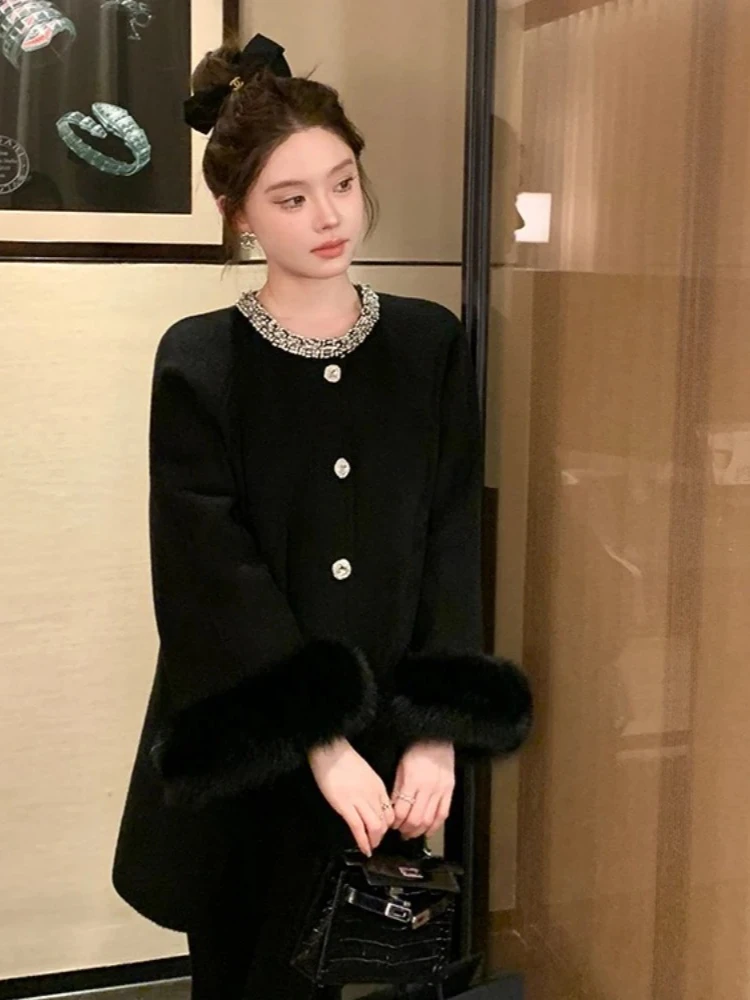 2025 nouvelle mode hiver automne vêtements femmes mi-longue véritable fourrure de renard manchette laine mélanges veste chaud perle cachemire laine manteau