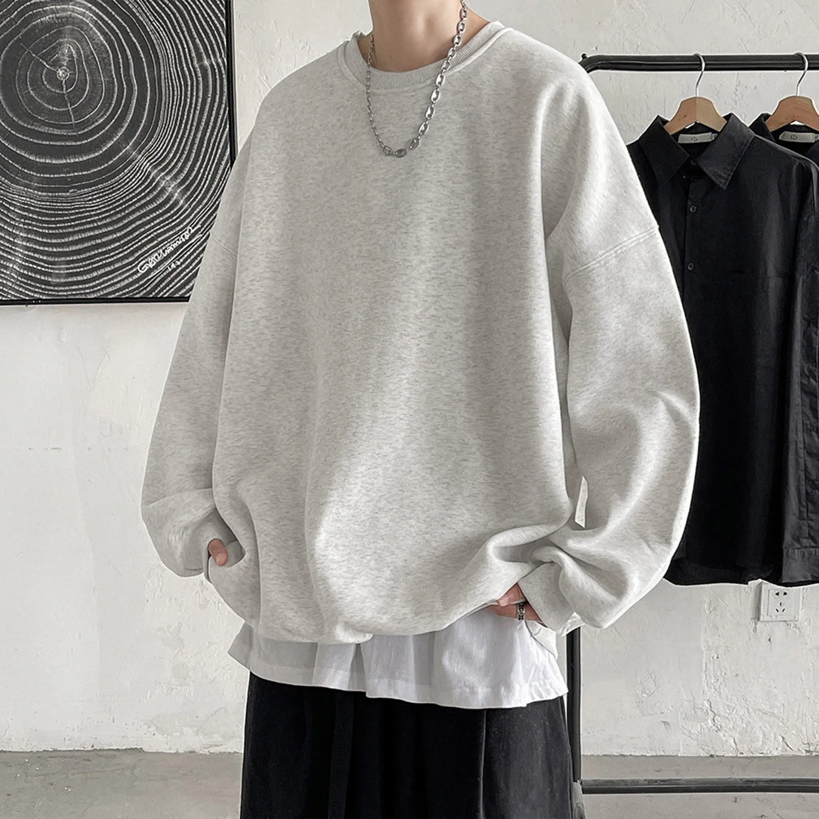 Harajuku Sweatshirts Men's 2023 Autumn Korean Solid Color Fleece Oversized Pullovers Casual O Neck Basic Tops Hip Hop Streetwear