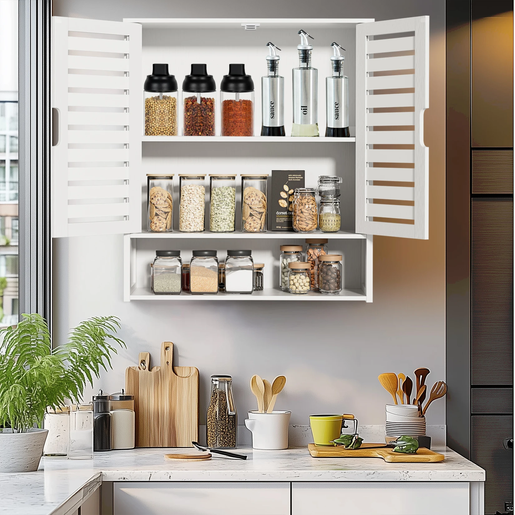 Bamboo Kitchen Bathroom Cabinet Wall Mounted Storage Shelf Organizer with 2 Doors