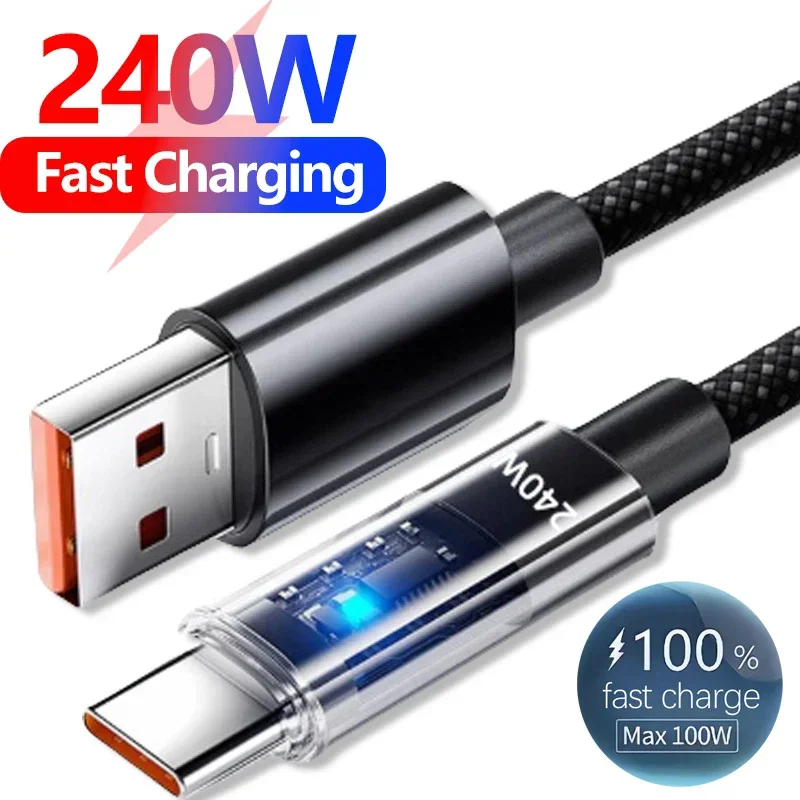 Câble de charge USB C 240W en nylon avec affichage numérique LED, double type C, super rapide, pour iPhone, Xiaomi, Huawei, neuf