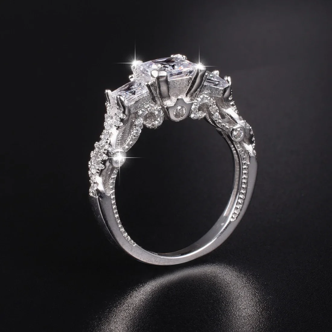 Three Stones Rings Classic 925 sterling Silver Square Simulated Diamond Wedding Rings for Women Jewelry
