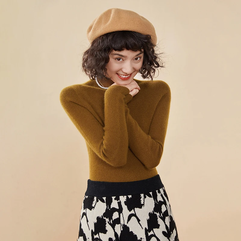 سترة نسائية رقيقة مضلعة من الكشمير بنسبة 35% برقبة وهمية | خمر عارضة الصلبة اللون السترة #4