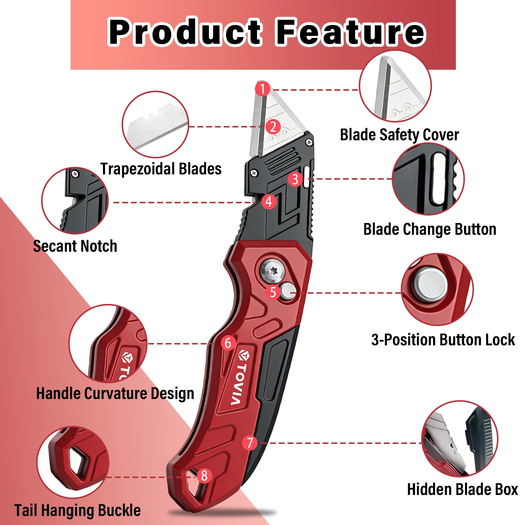 T TOVIA Folding Utility Knife with Blade Storage - Quick-Change Retractable Box Cutter, 3 Extra Blades in Handle, Aluminum Body. image 3