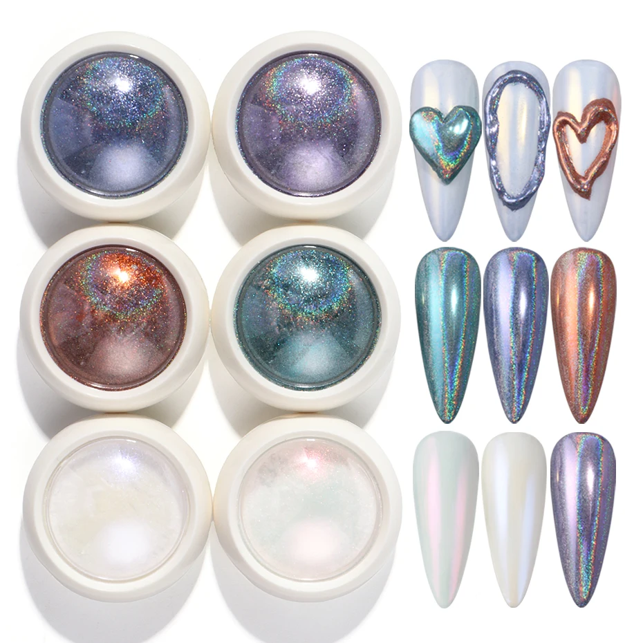 6 stücke Holographische Chrom Nagel Pulver Glitter Aurora Rosa Blau Lila Holochrome Nagel Pigment Metallic Spiegel Nail art Dekorationen
