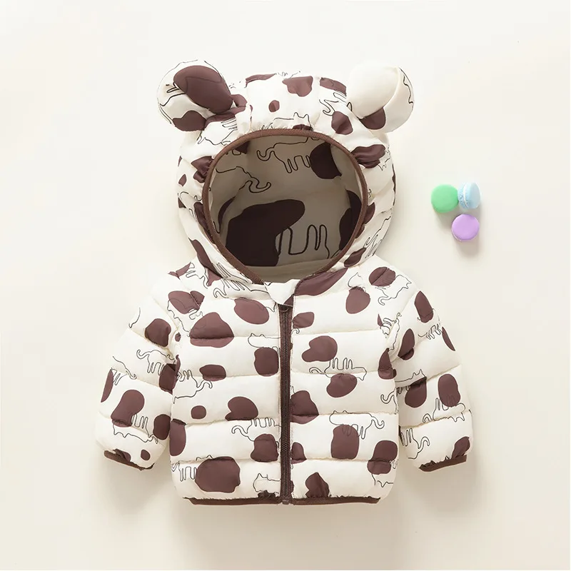 

New Baby Boys Girls Hooded Zipper Lightweight Down Jackets Kids Cute Cartoon Print Coat Children's Autumn Winter Warm Outerwear