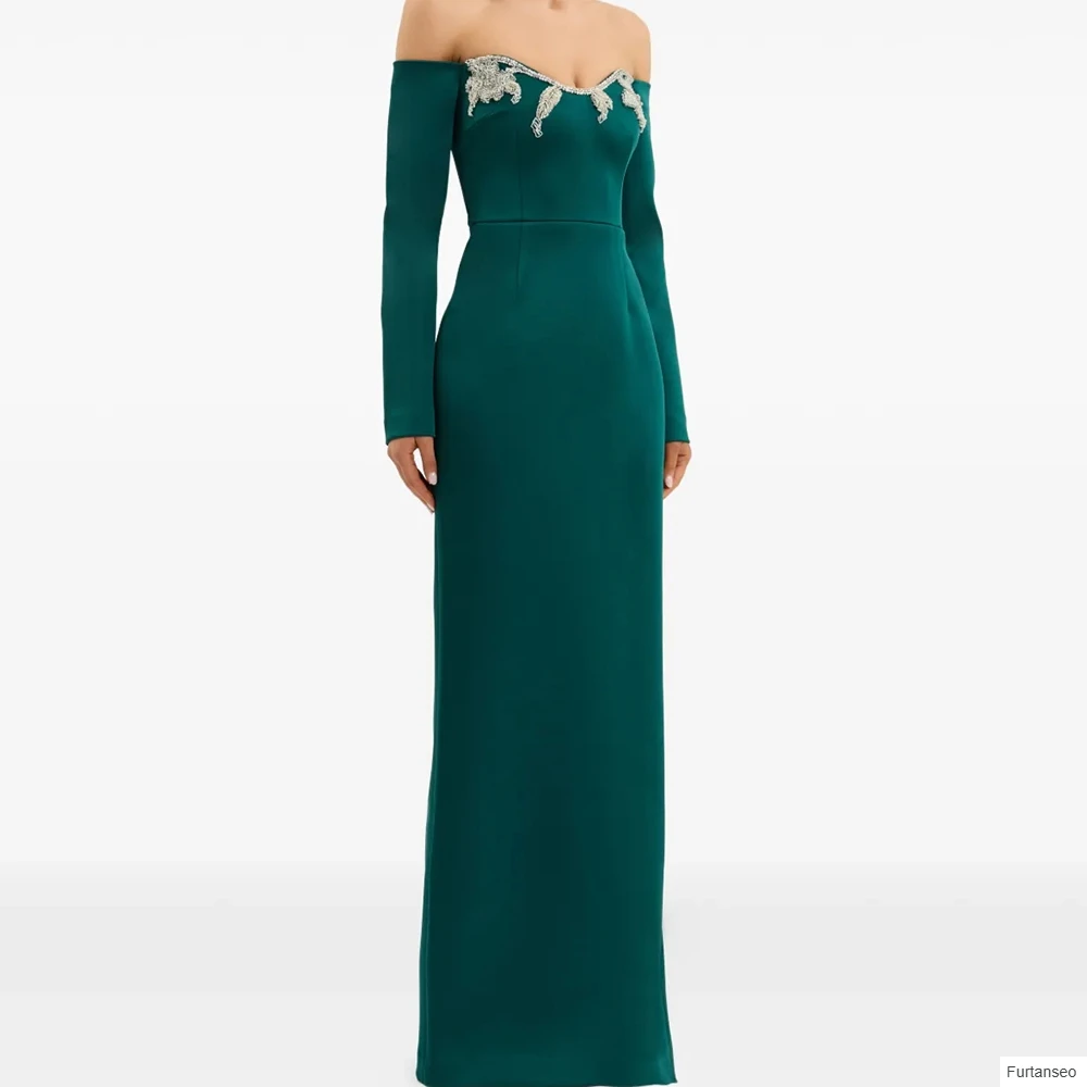 

A-line Women's Evening Dresses Floor-length Off The Shoulder Full Sleeve Prom Gown Fashion Beading Simple Draped Customized Gown