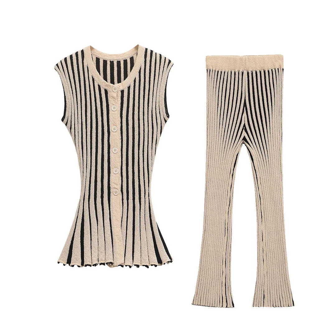 Outono elegante casual listrado terno de malha vintage feminino o-pescoço botão colete calça longa moda férias senhora calça conjunto