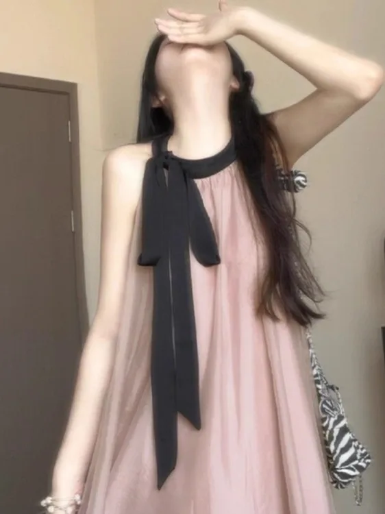 

2025 New Pink Strapl Ne Hanging Dr Women's Autumn Beach Holiday Fairy Beach Long Skirt Casual Sle Slim Fit Lace irt