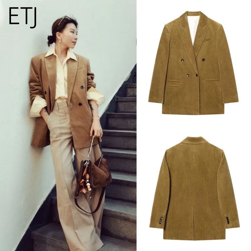 ETJ Women Corduroy Blazer Double Breasted Oversized Fit Relaxed Style Office Work Fashion Jacket 2026