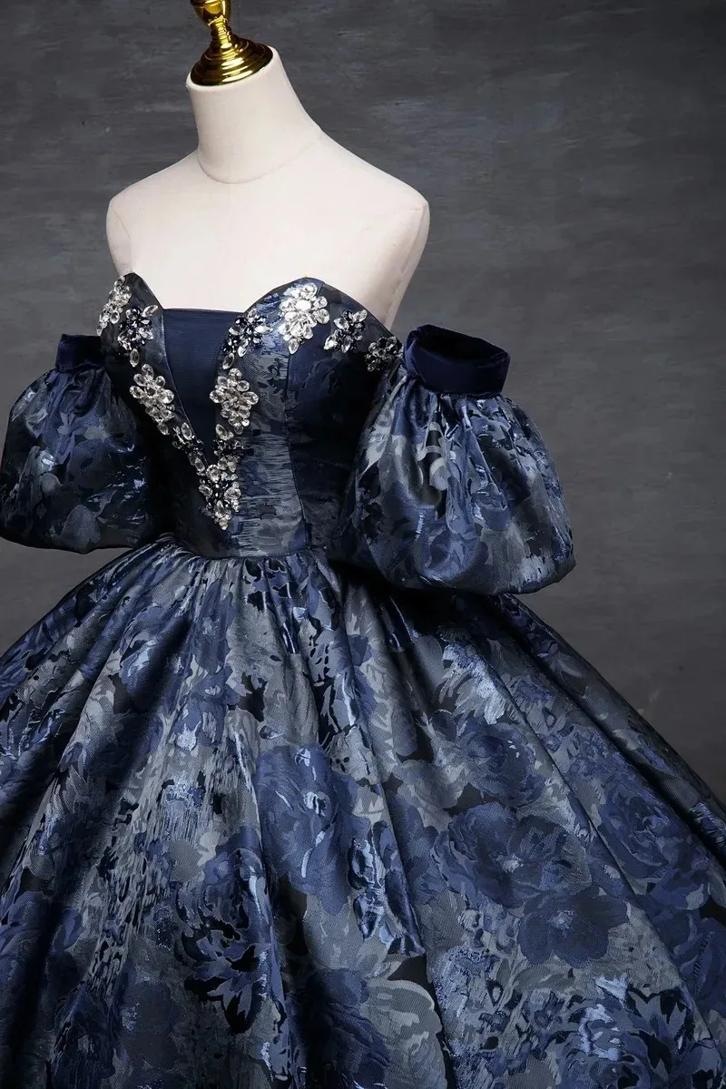 Vestido de quinceañera azul sin tirantes con mangas extraíbles para fiesta, vestido de baile de encaje de lujo con hombros descubiertos, talla grande, novedad de 2024