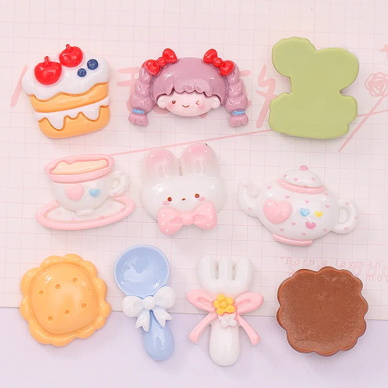 

Kawaii Cartoon Flower Spoon Teapot Cake Flatback Resin Cabochons For Kids Clip DIY Headwear Accessories Scrapbook Decoration