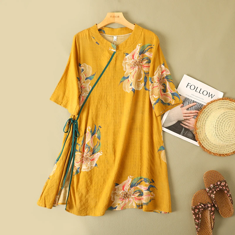 

Ethnic Style Printed Cotton and Linen Shirt Women's Clothing Round Neck Lace-up Medium and Long Tea Clothes Top