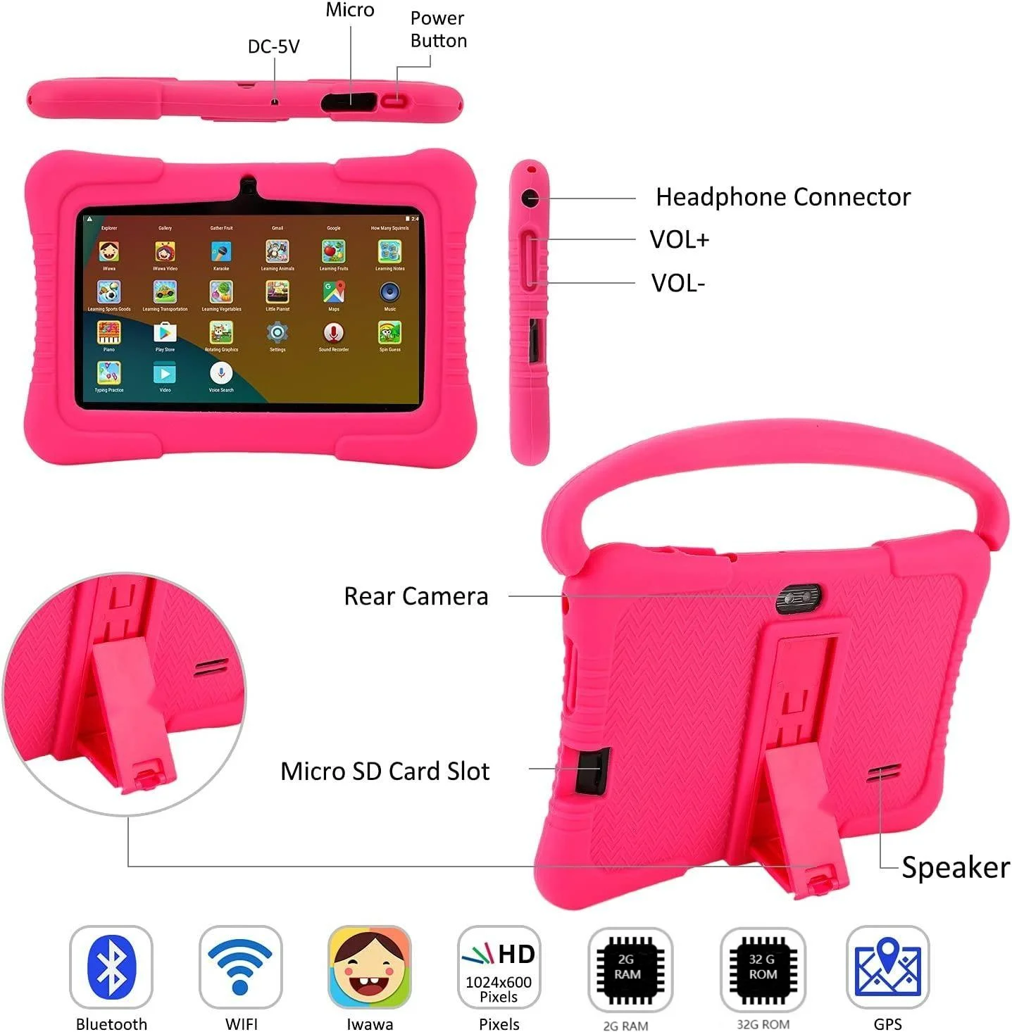 Android11 Kids Tablet Free Educational APP Preinstalled.7inch Pad 32G HD Screen. Support Google Play.ZOOM.Class.AR.Parent Lock