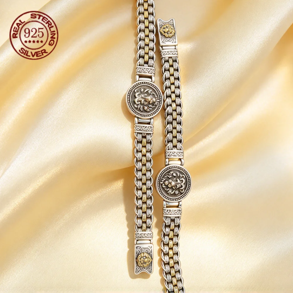 S925 Sterling Silver Lion Bracelet for Men Antique Engraved Lion Coin Woven Chain Bangle Domineering Mens Jewelry