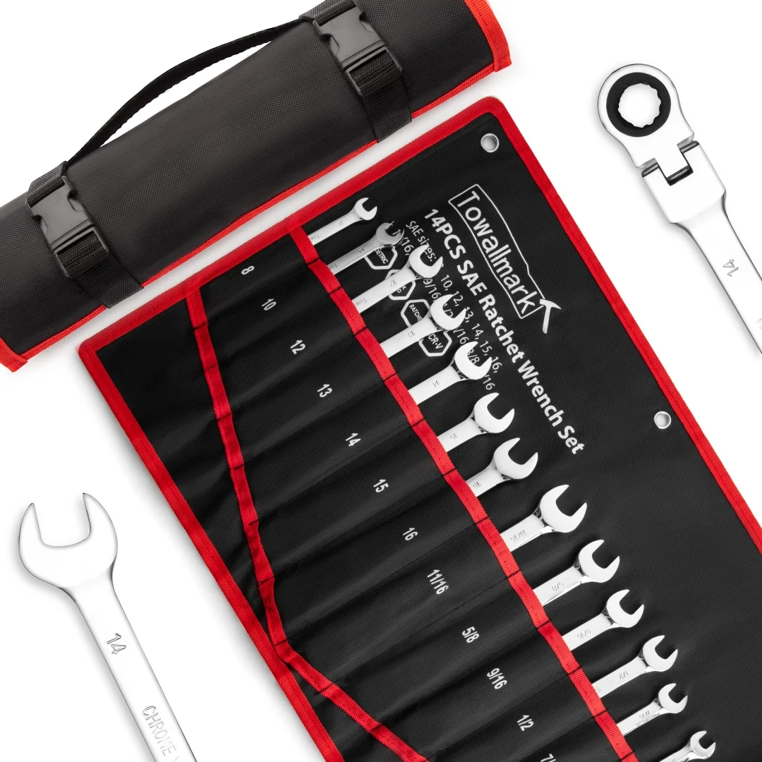 14Pcs Flex-Head Wrench Set with Storage Bag, Ratcheting Combination Set, SAE 5/16