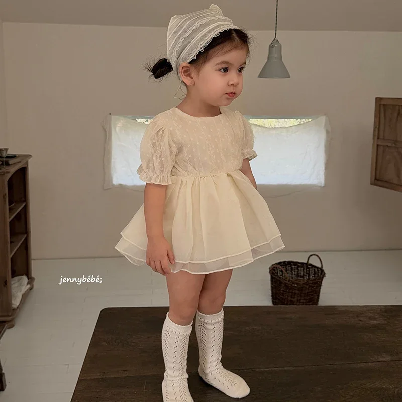 

2026 New Summer Newborn Baby Girl Romper Short Sleeved Cotton Mesh Splicing Toddler Baby Girls Jumpsuit 0-24M Baby Girl Clothing