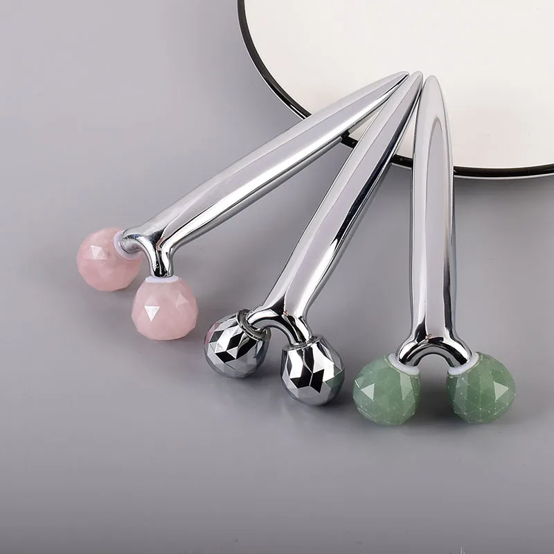 3D Multi-flour Rose Quartz Face Roller Stainless Steel Handle Massager Jade Lift And Firming Skin Healing Massage Body Back& Arm