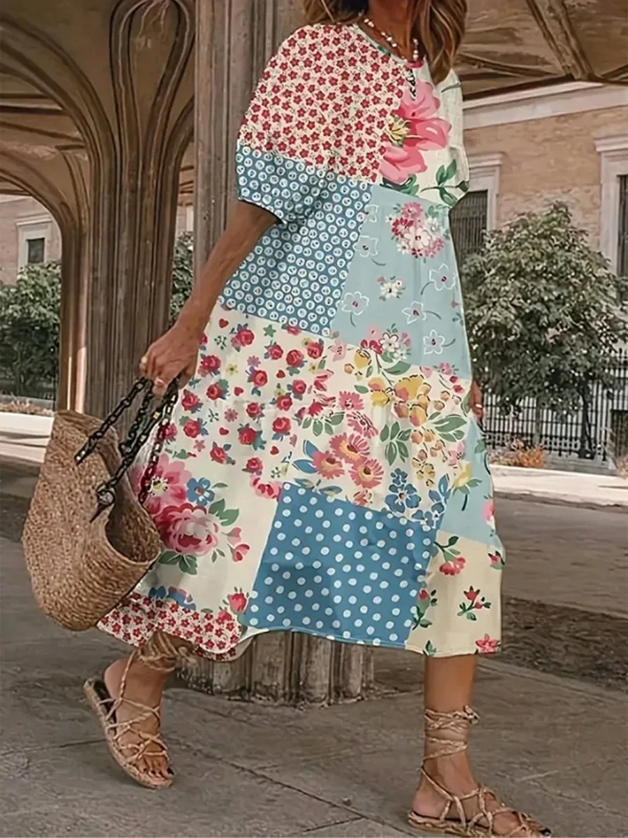 Lemongor Zomer Mode Bloemenprint Polka-Dot Avondjurken Vrouwen Halve Mouwen Losse Elegante Britse Stijl Jurk 2024 Nieuwe