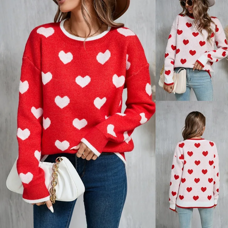 Casual Love Sweter z dzianiny Bluza z kapturem na zimę Sweter damski 2024 Nowy Luźny sweter z długim rękawem Love Woman Tops