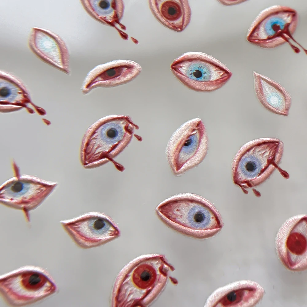 1 Stück 5D Geprägte Blutunterlaufene Augen Nagelaufkleber Horror Gruselige Rote Augen mit Blutrivern Nagelsticker Gothic Halloween Nagelkunst Deko – Detail 5