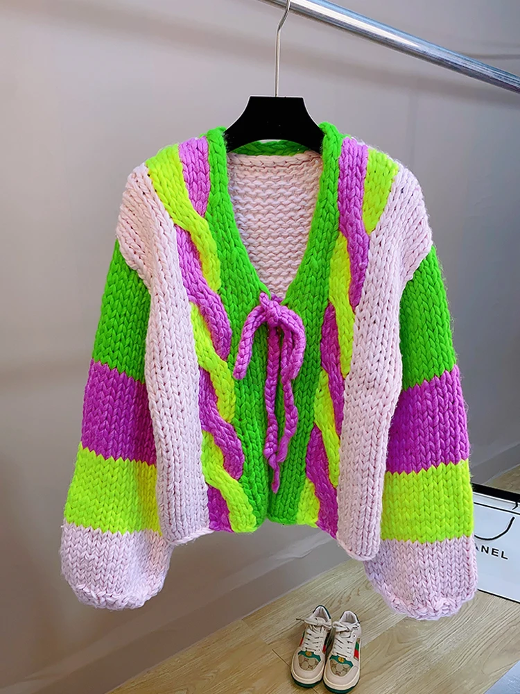 

Colorful Long Sleeved V-Neck Loose Cardigan Color Block Sweater Jumper Thick Twist Cable Knit Tie Front Women Knitwear