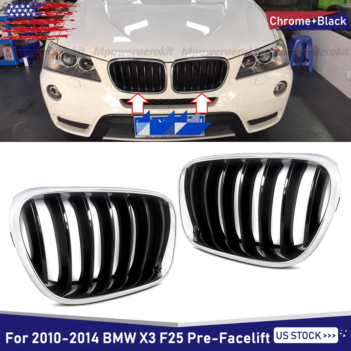 

Magickit Car Front Bumper Kidney Grills For BMW X3 F25 2010 2011 2012 2013 2014 Pre-Facelift Black Racing Grille 51712297590