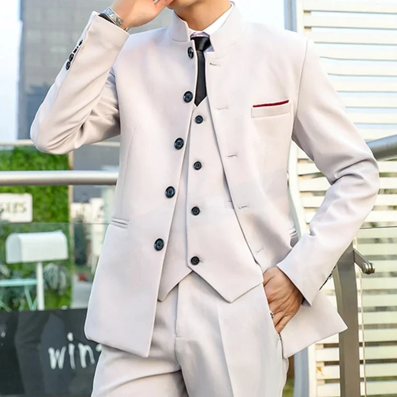 

kx94 New Men's Casual Slim Suit Stand Collar 3 Piece Suit Jacket Jacket Pants Vest