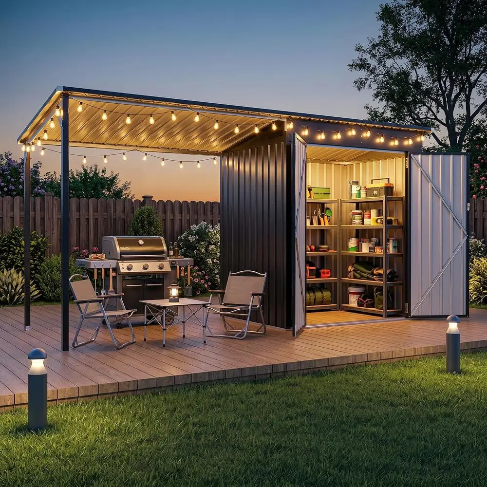 6x4 Outdoor Storage Shed with Reinforced Gazebo, Lockable Lean-to Metal Shed, 2-in-1 Garden Tool Shed with Galvanized Steel Perg