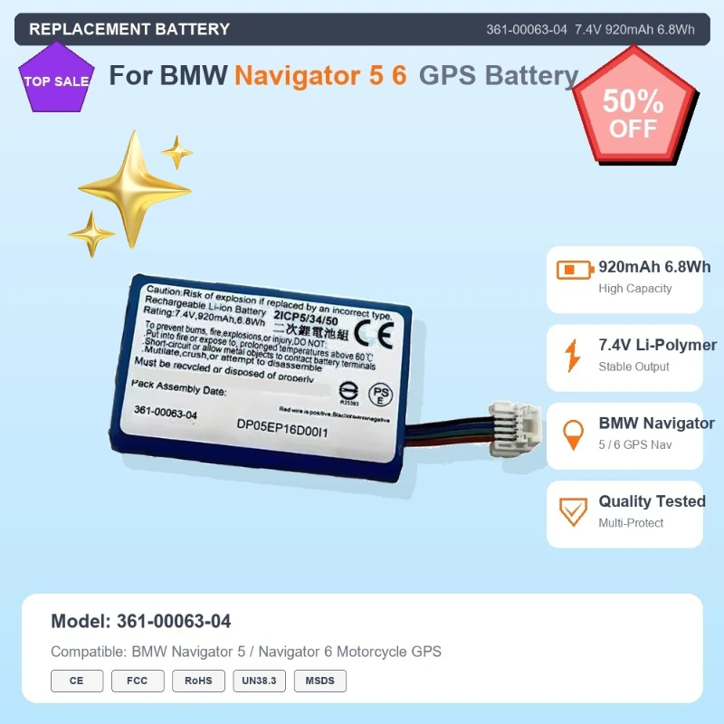 361-00063-04 7.4V 920mAh 6.8Wh Replacement Li-Polymer Battery for BMW Navigator 5 6 Motorcycle GPS Navigation System Battery
