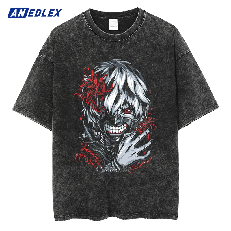 

Men Summer Short Sleeve Tees Japanese Anime Graphic Print T Shirt Hip Hop Streetwear Harajuku Cotton Casual Washed Tshirt