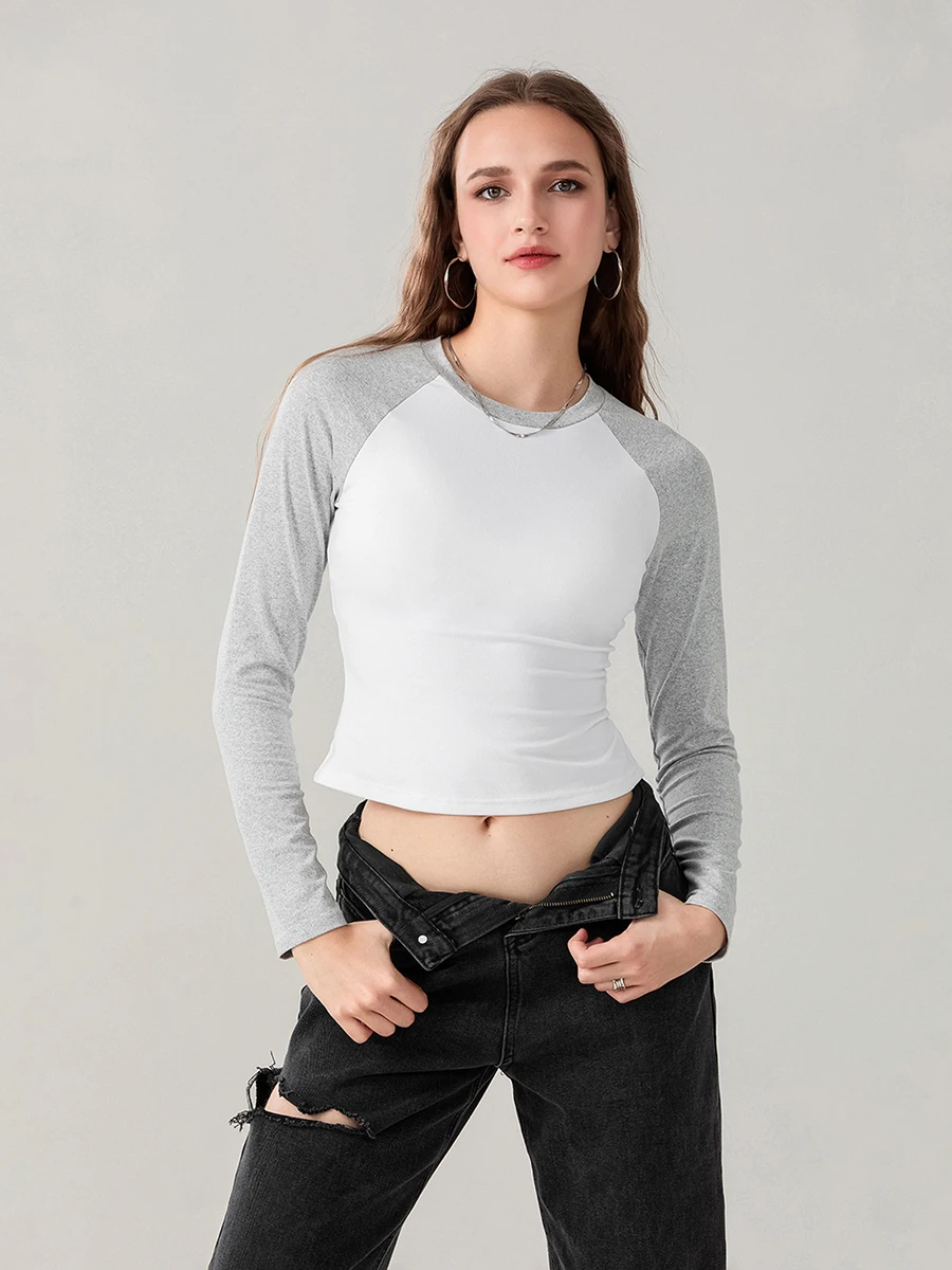Women Contrasting Color Top Slim Fit Round Neck Shoulder Long Sleeved  Casual Street Wear Color Blocked Long Sleeved T-Shirt