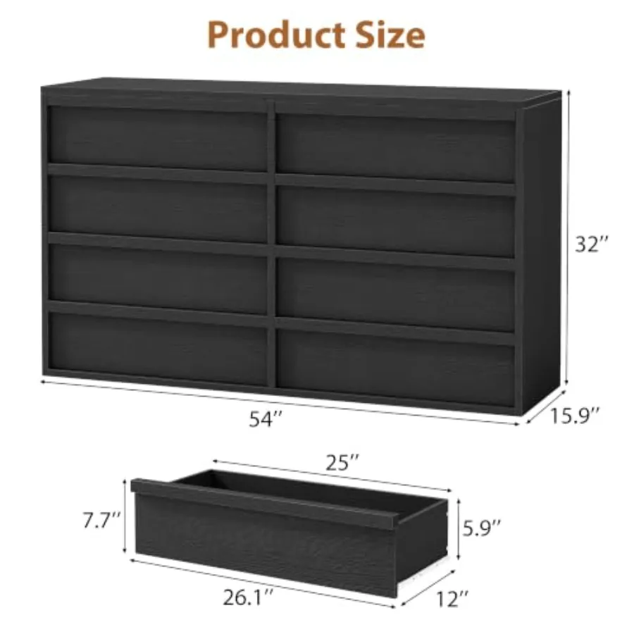 8 Drawer Dresser for Bedroom: Modern 54 Wide Wooden Dresser in Natural Finish, Large Storage Capacity, Ideal for Living Room, E