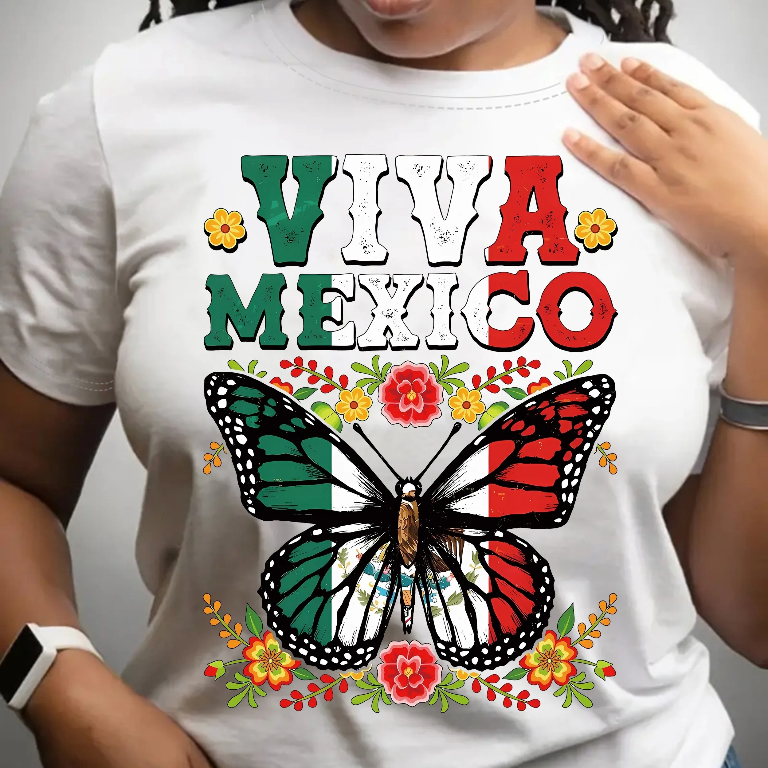 Vibrant Mexico Flag Butterfly Print Short Sleeve Crew Neck T-shirt - Casual Summer & Spring Top - Women\'s Fashion Clothing