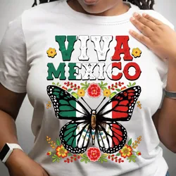 Vibrant Mexico Flag Butterfly Print Short Sleeve Crew Neck T-shirt - Casual Summer & Spring Top - Women's Fashion Clothing