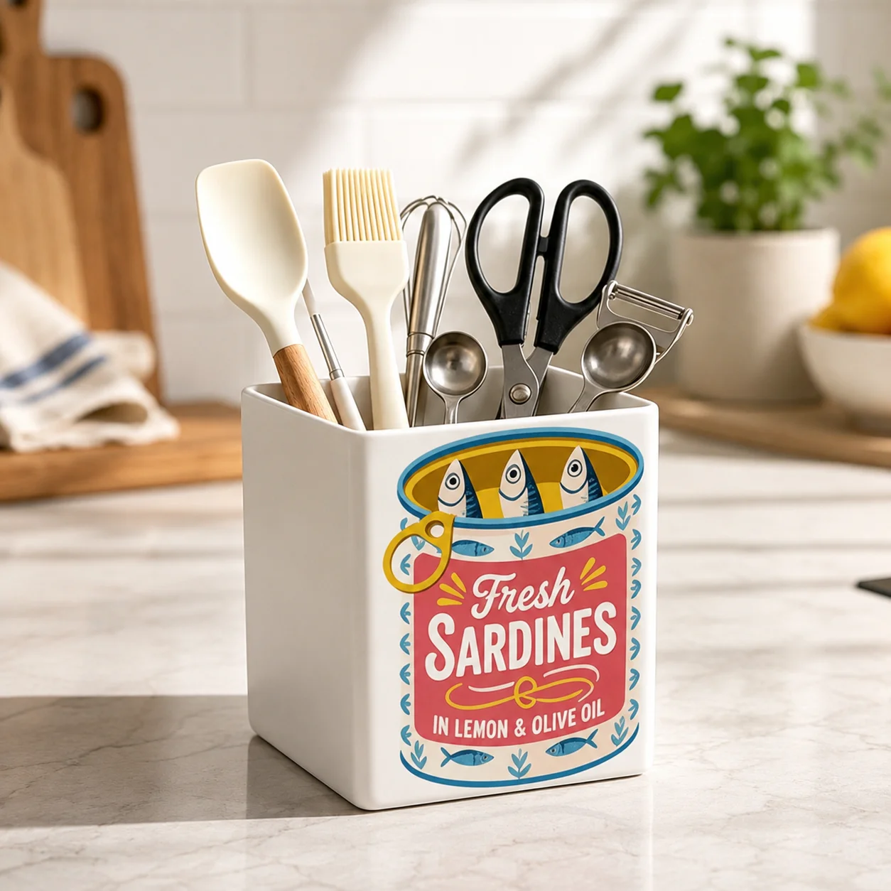 Home Cooking Services - Portautensili con Stampa Retrò Sardine, Contenitore