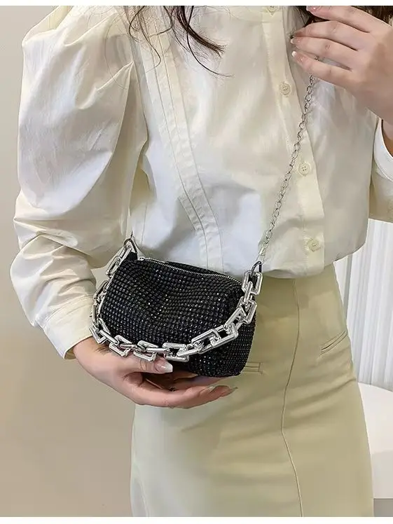 1pc New Portable Fashion Women's Crossbody Bag With Bright Diamonds And Metal Chains PU Material For Dinner Parties Everyday