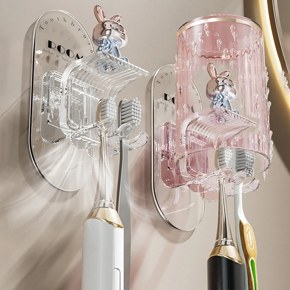 

Rabbit Wall Mounted Toothbrush Holder with Cover Cup for Bathroom 2 Slots Toothbrush Storage Organizer Toothbrush Hanger Rack