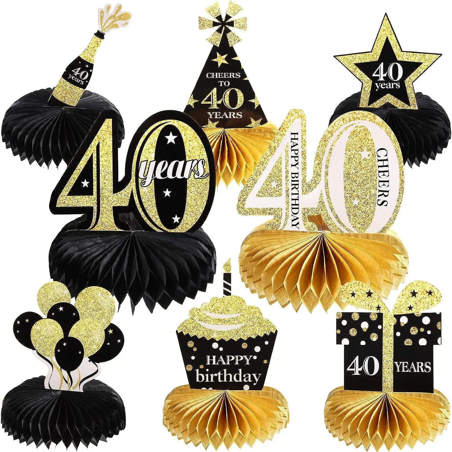 8Pcs/Set Black 30/40/50/60/70/80th Years Old Desktop Honeycomb Ornaments for Kids Adult Happy Birthday Theme Party Decoration