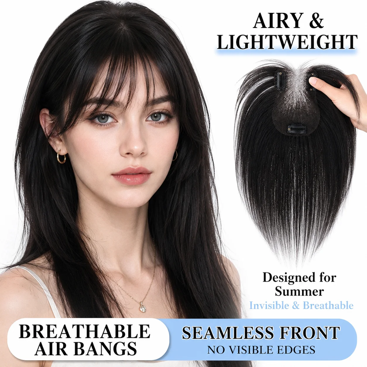 Hand-Knitted Human Hair Toppers for Women with Air Bangs Invisible Lace Base Borderless Clip-in Single-Layer Hairpieces