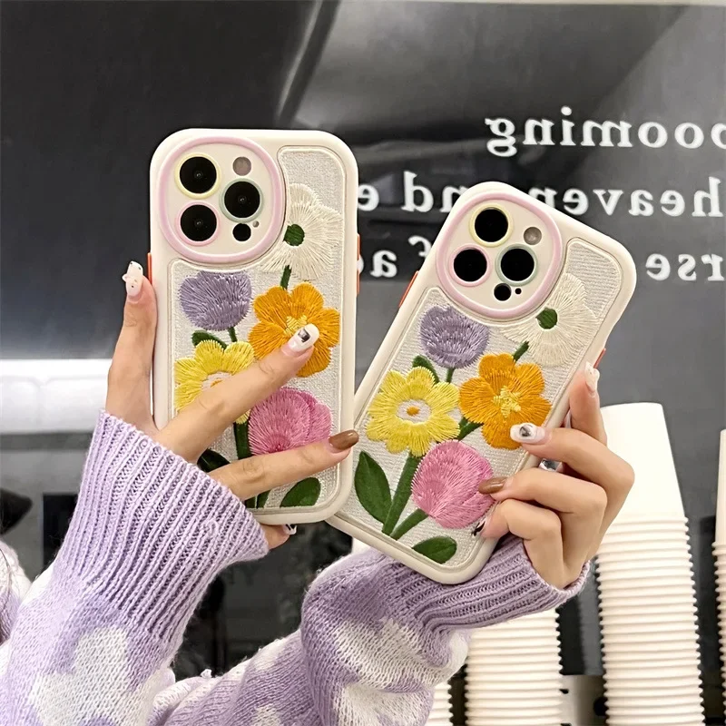 Embroidered Floral Design For iPhone 11 Pro Max Case 15 Plus Protective Cover 13 Pro Amx Anti-fall Protection Covers Mobile Phon