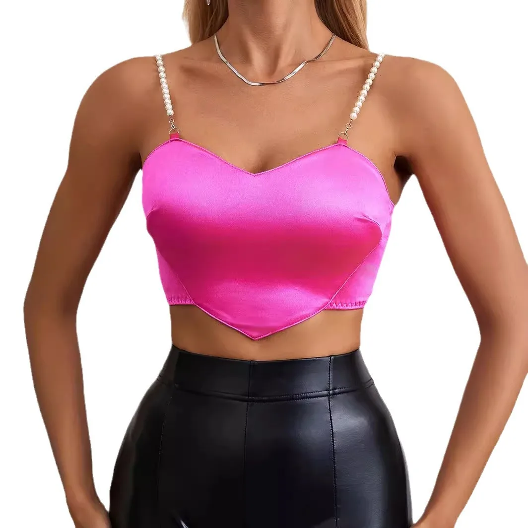 Body rosa con spalline elastiche in spandex con perle Design a forma di cuore per ragazze Crop Top da donna a fascia