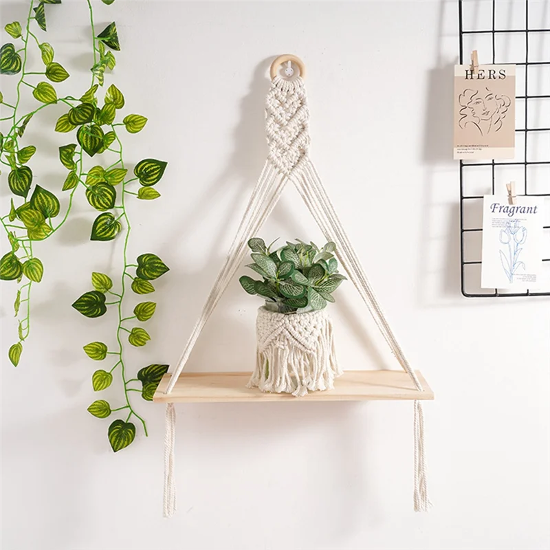 

A96I-2PCS Hanging Shelf Boho Handmade Bohemian Wooden Plants Floating Rope Shelves Decorative Holder