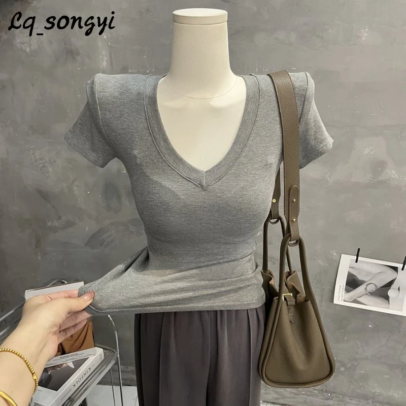 Lq_songyi Met Schoudervullingen! V-Hals T-Shirts Hoge Strecth Korte Mouw Koreaanse Pop Effen Tops Zomer Vrouwen Basis Slim T-Shirt