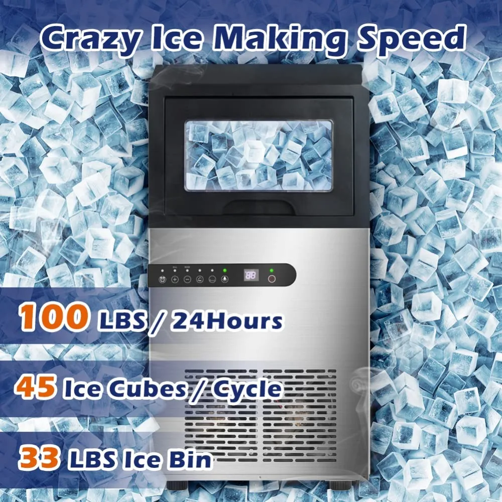 Commercial Ice Maker Machine, 100lbs/24H Stainless Steel Under Counter ice Machine with 45 Ice Cubes/Cycle, 2 Water Inlet Modes